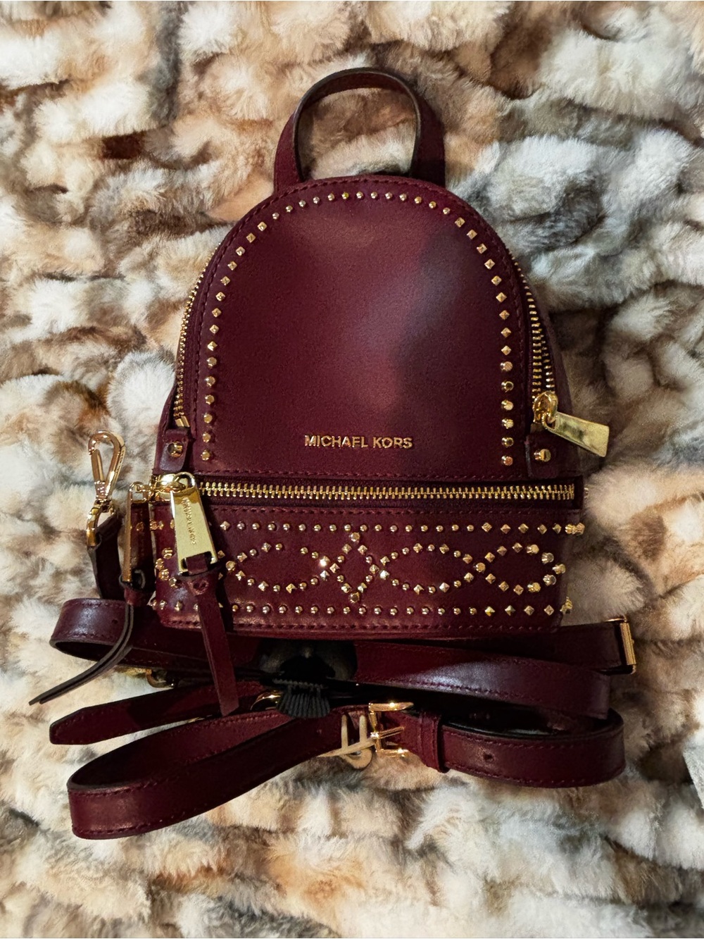 Michael Kors Wine Mini Backpack with Gold Studs